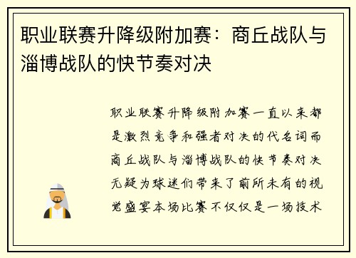 职业联赛升降级附加赛：商丘战队与淄博战队的快节奏对决